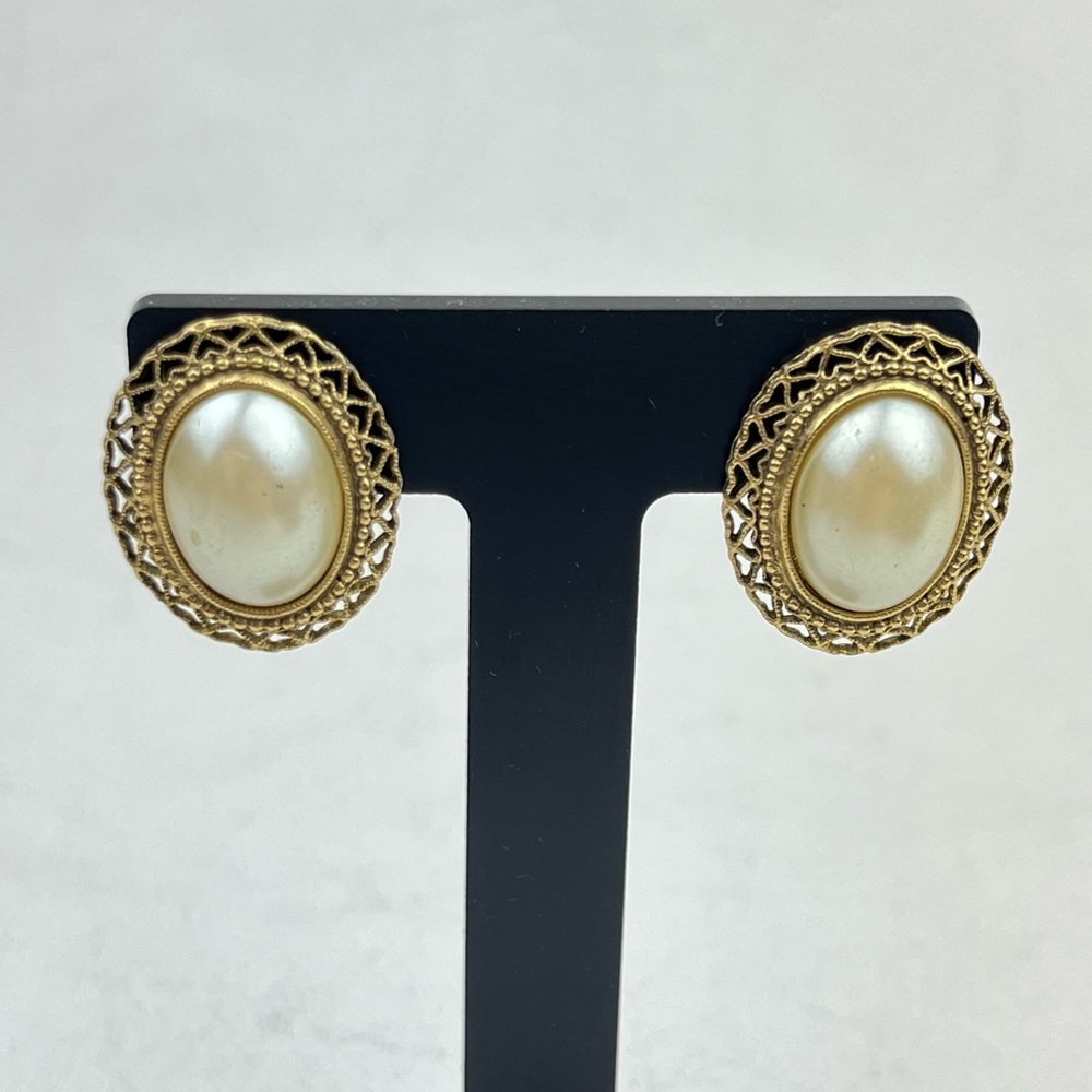1928 Gold Tone Faux Pearl Earrings Victorian Revival